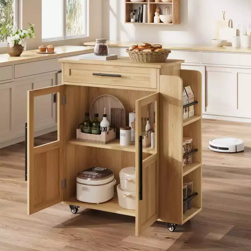 Isola da Cucina in Legno con Ruote e Cassetto, Carrello da Cucina con Mobile Contenitore su Ruote, Isola Carrello con Top in Legno Spesso e 3 Portaspezie