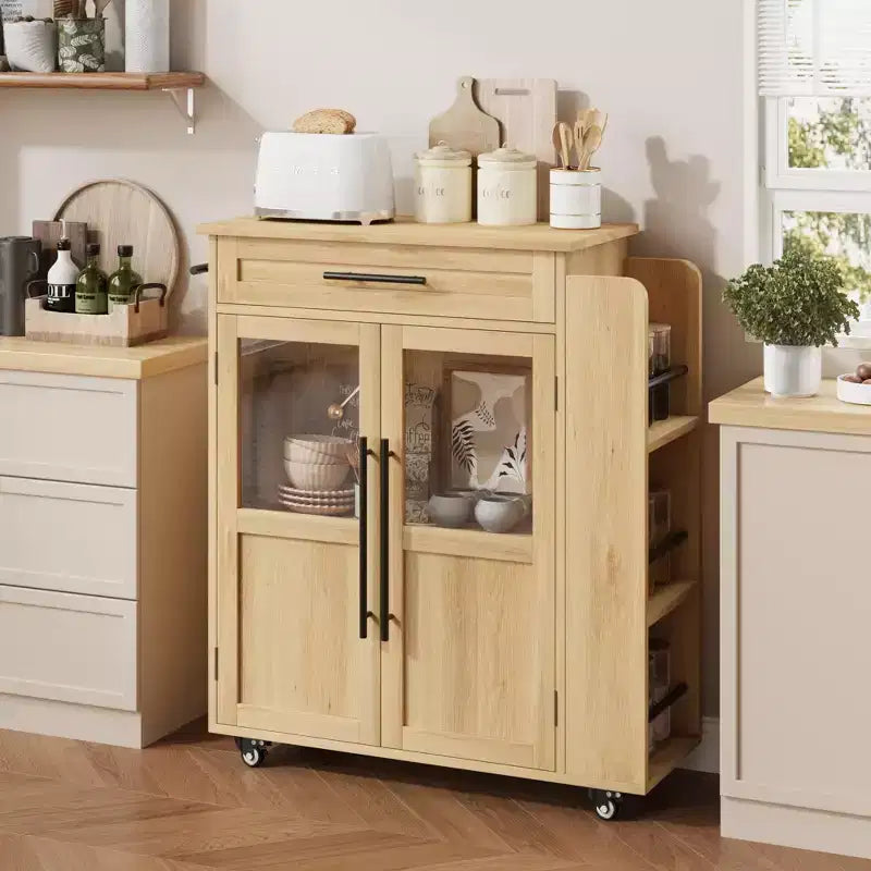 Isola da Cucina in Legno con Ruote e Cassetto, Carrello da Cucina con Mobile Contenitore su Ruote, Isola Carrello con Top in Legno Spesso e 3 Portaspezie