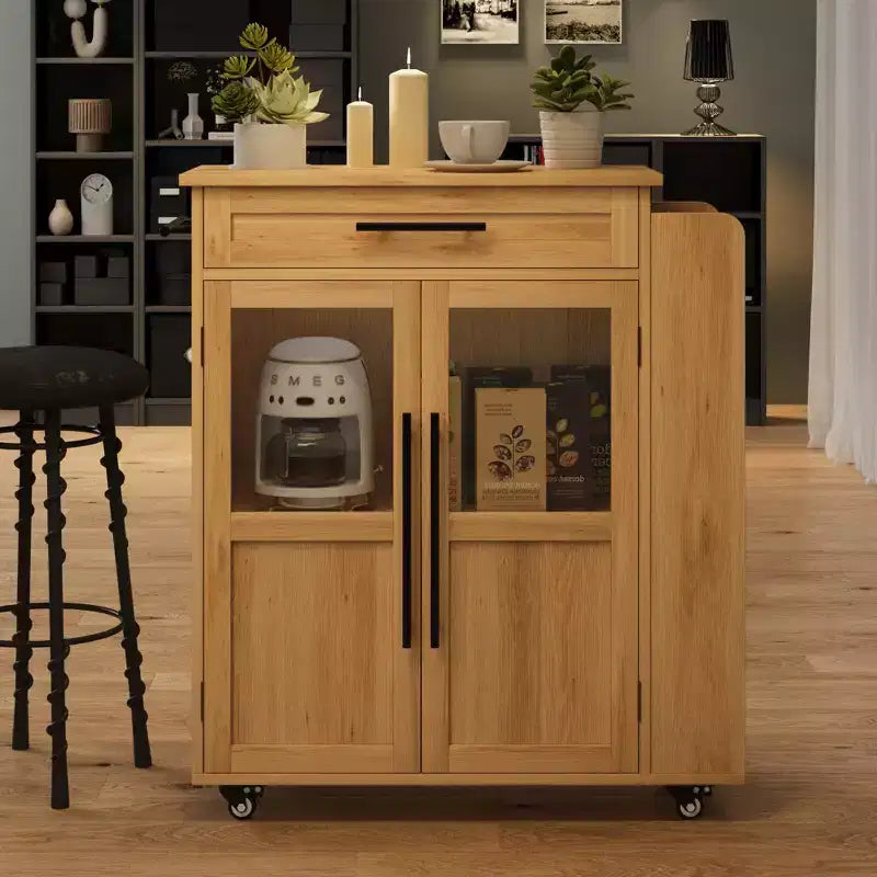 Isola da Cucina in Legno con Ruote e Cassetto, Carrello da Cucina con Mobile Contenitore su Ruote, Isola Carrello con Top in Legno Spesso e 3 Portaspezie