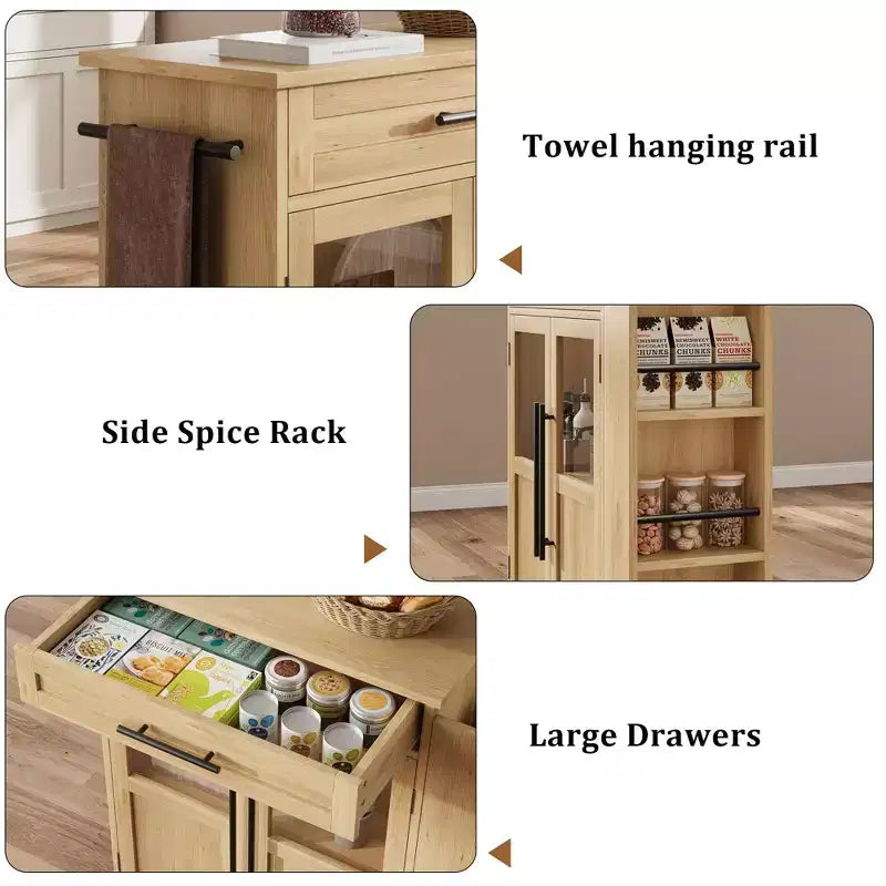 Isola da Cucina in Legno con Ruote e Cassetto, Carrello da Cucina con Mobile Contenitore su Ruote, Isola Carrello con Top in Legno Spesso e 3 Portaspezie