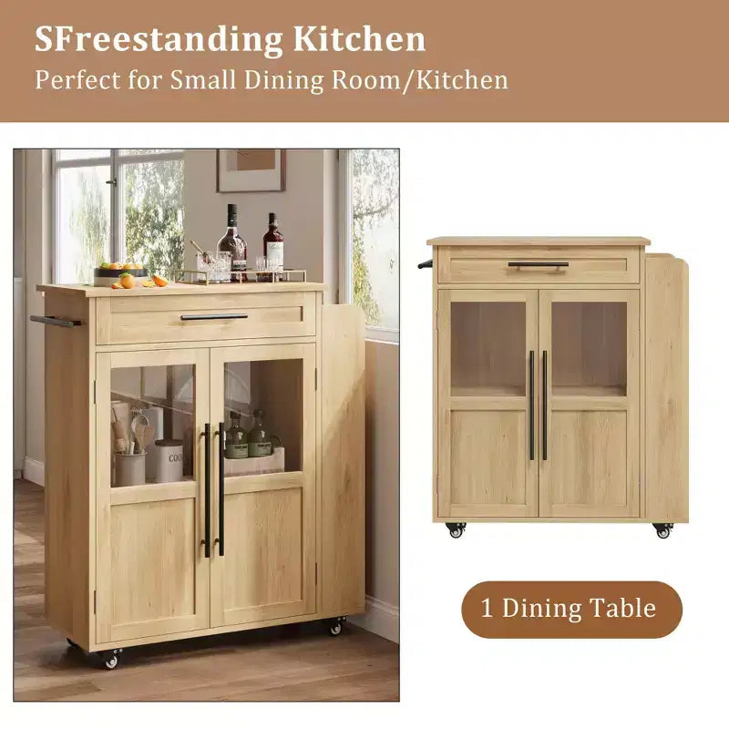 Isola da Cucina in Legno con Ruote e Cassetto, Carrello da Cucina con Mobile Contenitore su Ruote, Isola Carrello con Top in Legno Spesso e 3 Portaspezie