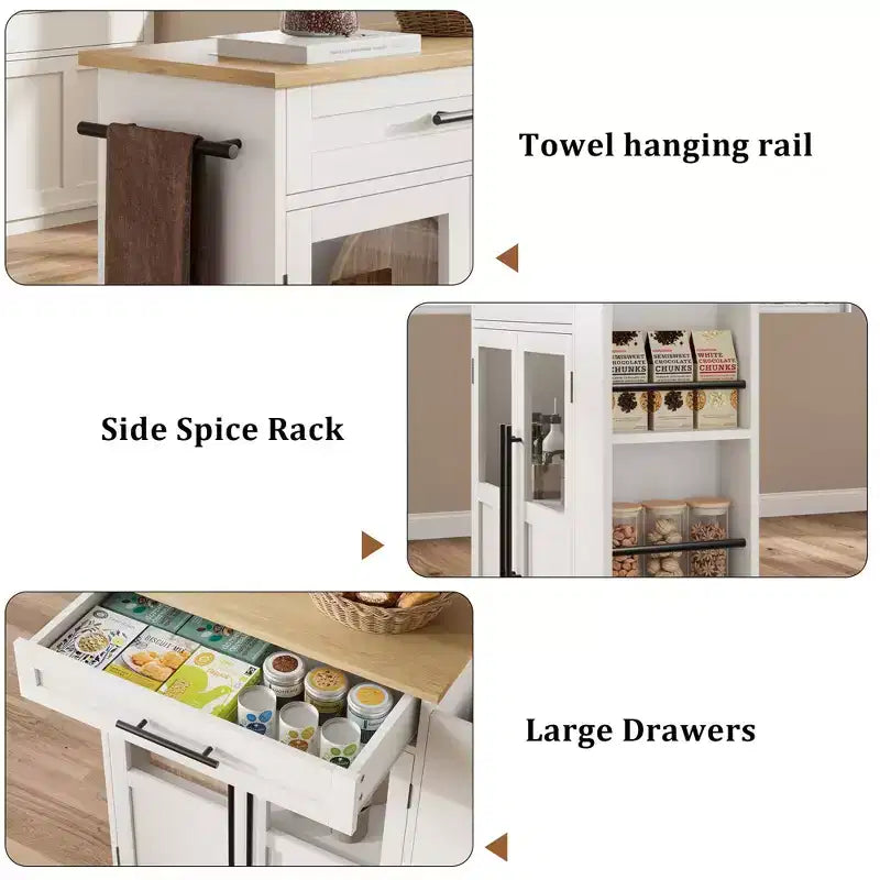 Isola da Cucina in Legno con Ruote e Cassetto, Carrello da Cucina con Mobile Contenitore su Ruote, Isola Carrello con Top in Legno Spesso e 3 Portaspezie