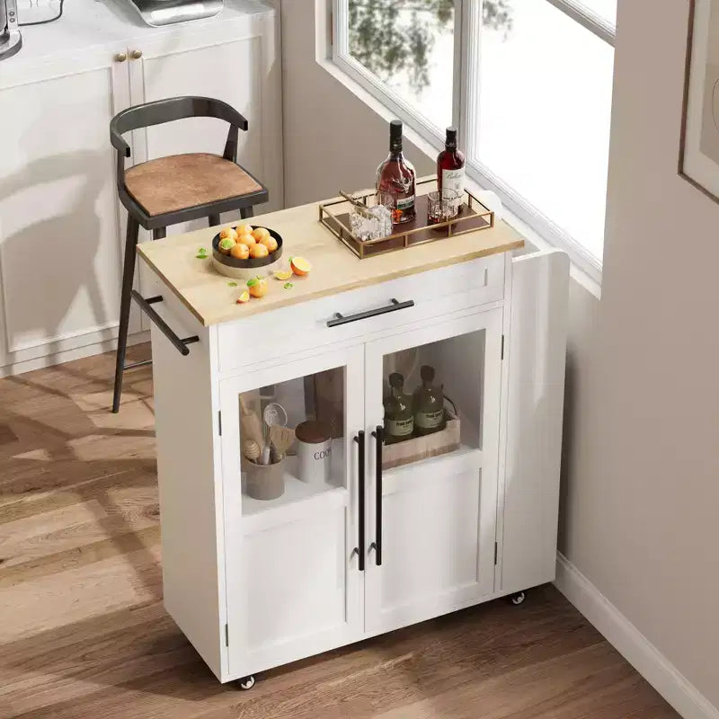 Isola da Cucina in Legno con Ruote e Cassetto, Carrello da Cucina con Mobile Contenitore su Ruote, Isola Carrello con Top in Legno Spesso e 3 Portaspezie