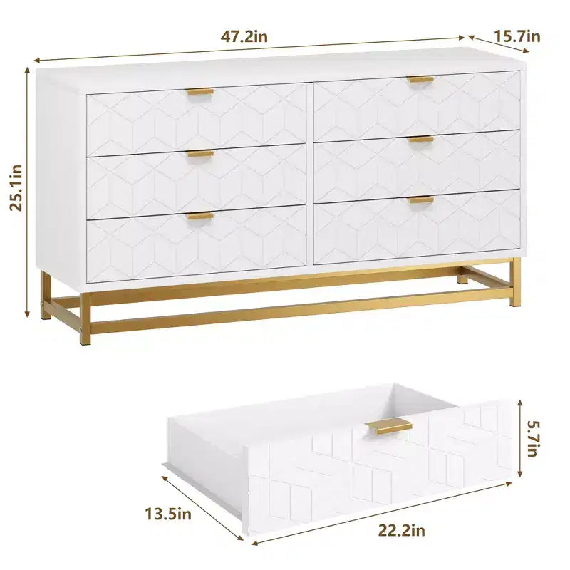 Comò per camera da letto, cassettiera grande da 53,5 pollici, cassettiera a 6 cassetti con maniglie e gambe in metallo dorato, cassettiere con cassetti