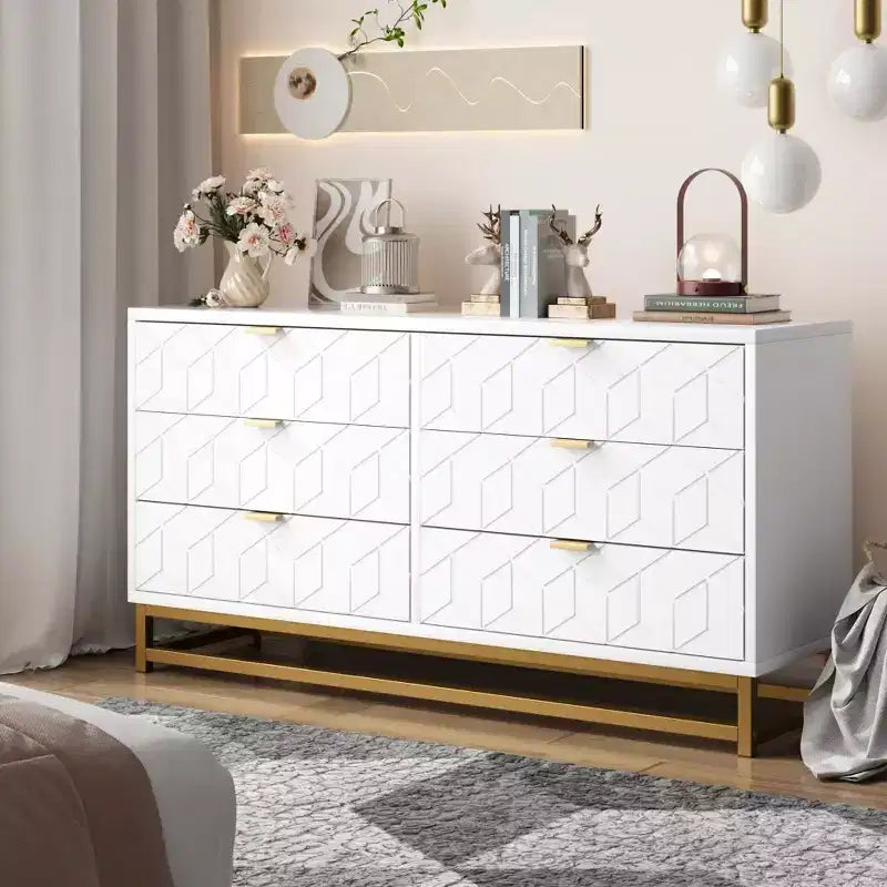 Comò per camera da letto, cassettiera grande da 53,5 pollici, cassettiera a 6 cassetti con maniglie e gambe in metallo dorato, cassettiere con cassetti