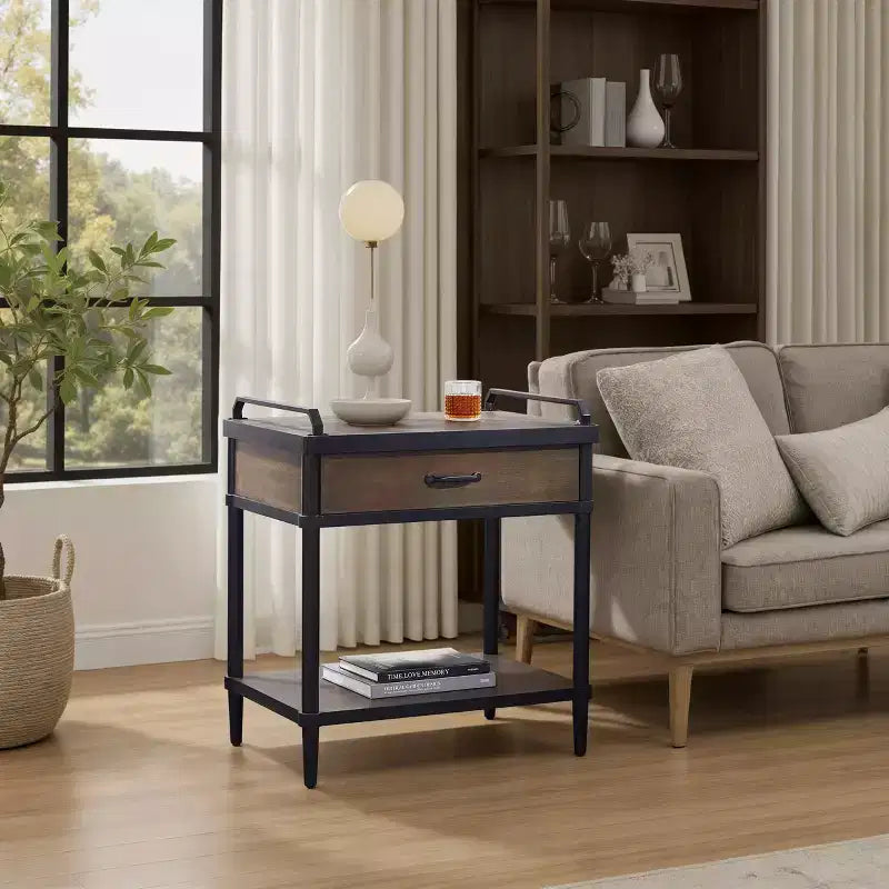 Art Leon Wood Storage End Table with Drawer and Open Shelf