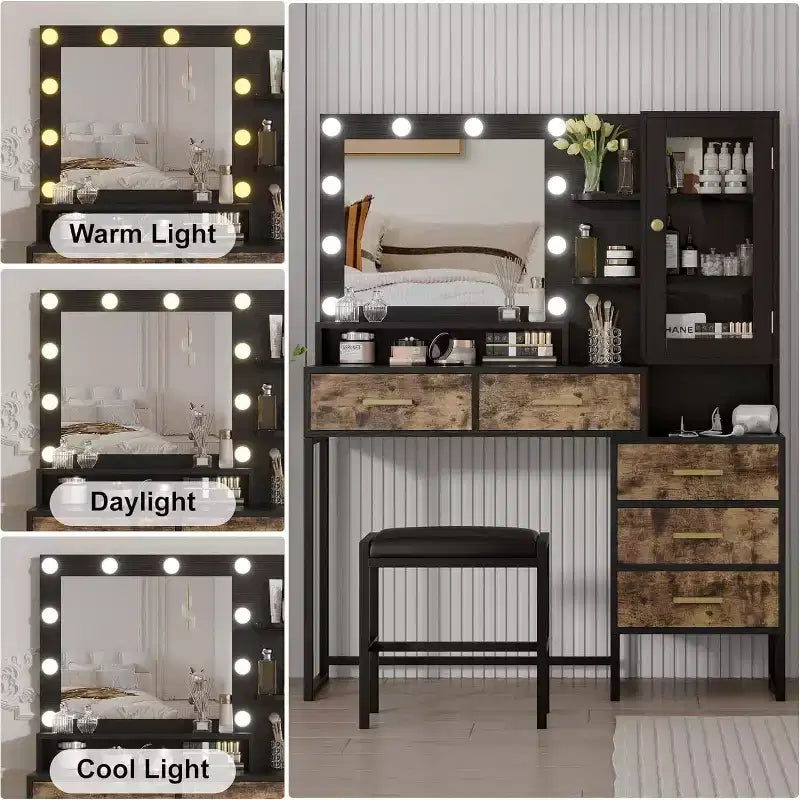 Toeletta da Camera con Specchio e Lampada, 3 Colori, Tocador in Legno con Supporto di Ricarica, 5 Cassetti e Ripiano Aperto, Nero