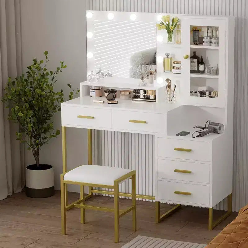 Toeletta da Camera con Specchio e Lampada, 3 Colori, Tocador in Legno con Supporto di Ricarica, 5 Cassetti e Ripiano Aperto, Nero