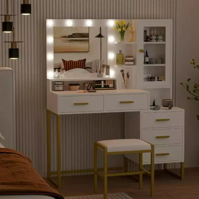 Toeletta da Camera con Specchio e Lampada, 3 Colori, Tocador in Legno con Supporto di Ricarica, 5 Cassetti e Ripiano Aperto, Nero