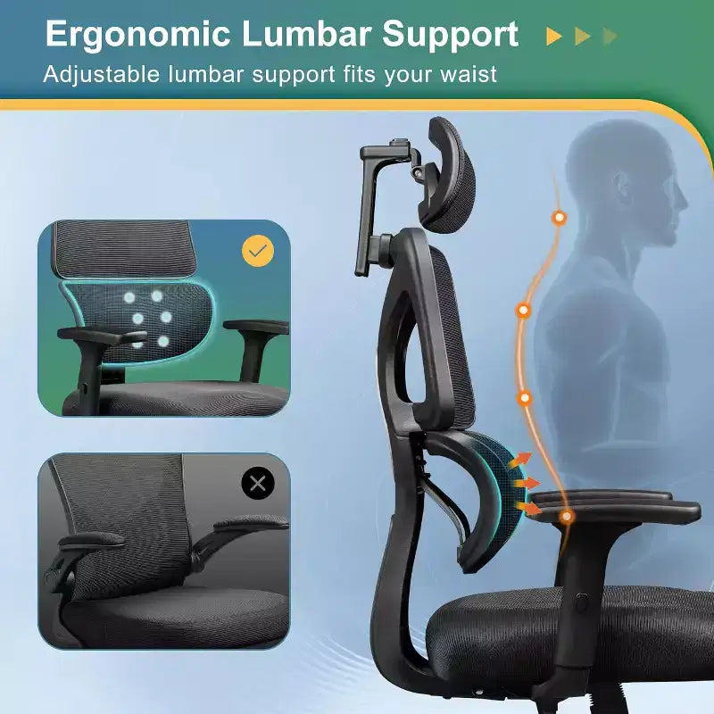 Sedia da ufficio ergonomica per persone robuste e di alta statura, sedia da scrivania regolabile in rete con supporto lombare e braccioli, reclinabile per lunghe ore