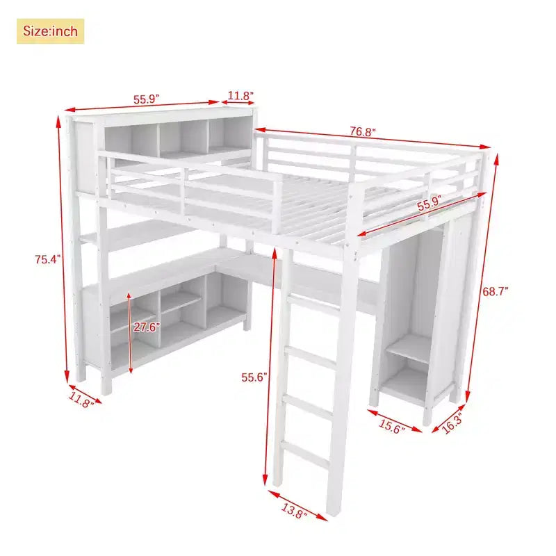 Letto a soppalco Okak matrimoniale/queen size con armadio e scrivania a L, letti a castello in metallo robusto con contenitore, letti a soppalco alti per adolescenti e adulti