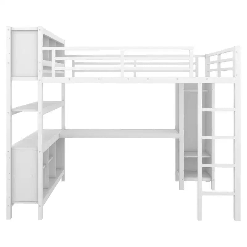 Letto a soppalco Okak matrimoniale/queen size con armadio e scrivania a L, letti a castello in metallo robusto con contenitore, letti a soppalco alti per adolescenti e adulti