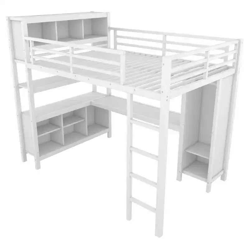 Letto a soppalco Okak matrimoniale/queen size con armadio e scrivania a L, letti a castello in metallo robusto con contenitore, letti a soppalco alti per adolescenti e adulti