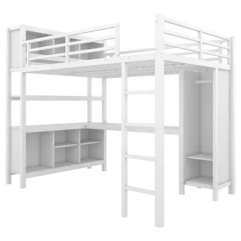 Letto a soppalco Okak matrimoniale/queen size con armadio e scrivania a L, letti a castello in metallo robusto con contenitore, letti a soppalco alti per adolescenti e adulti