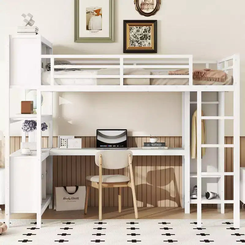 Letto a soppalco Okak matrimoniale/queen size con armadio e scrivania a L, letti a castello in metallo robusto con contenitore, letti a soppalco alti per adolescenti e adulti