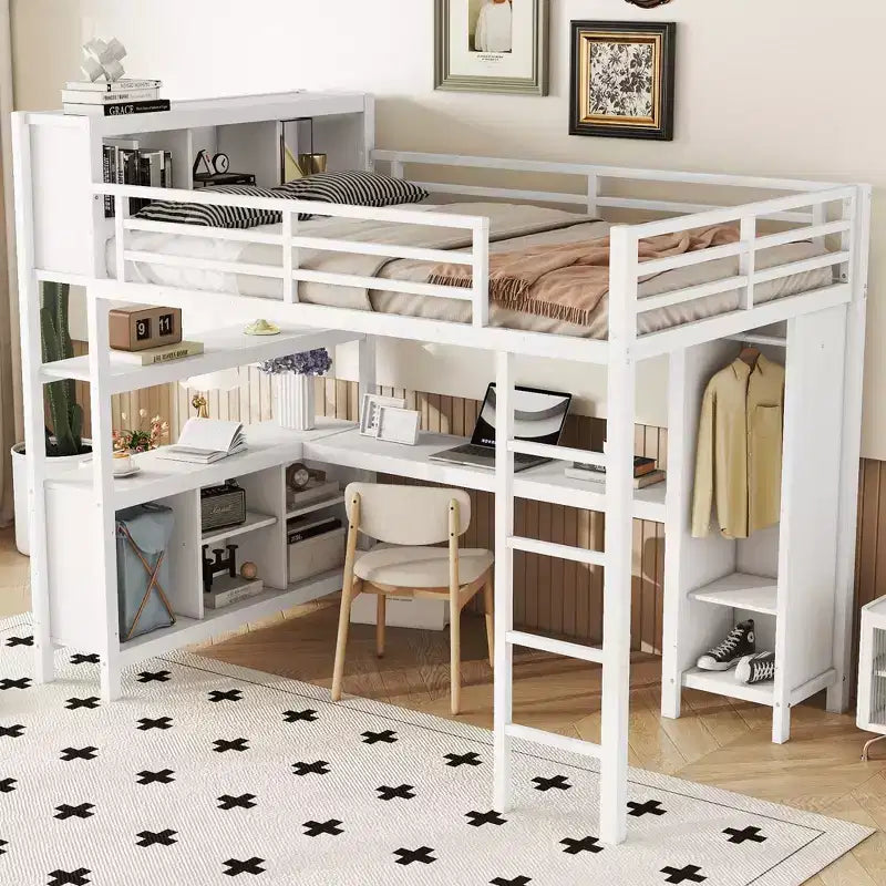Letto a soppalco Okak matrimoniale/queen size con armadio e scrivania a L, letti a castello in metallo robusto con contenitore, letti a soppalco alti per adolescenti e adulti