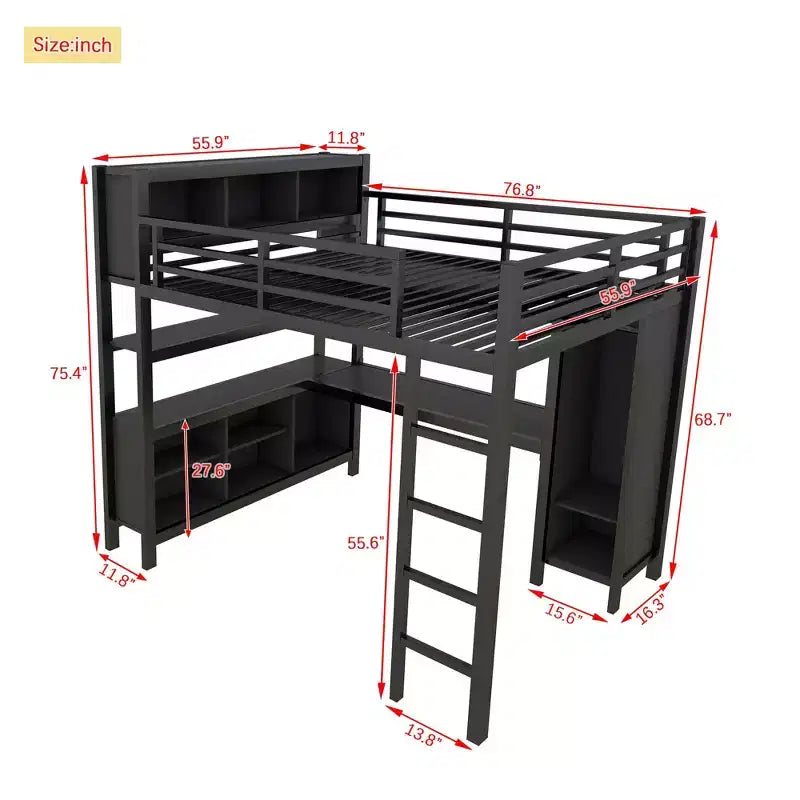 Letto a soppalco Okak matrimoniale/queen size con armadio e scrivania a L, letti a castello in metallo robusto con contenitore, letti a soppalco alti per adolescenti e adulti