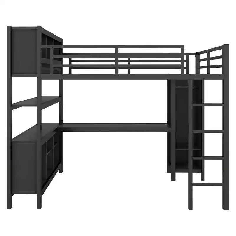 Letto a soppalco Okak matrimoniale/queen size con armadio e scrivania a L, letti a castello in metallo robusto con contenitore, letti a soppalco alti per adolescenti e adulti