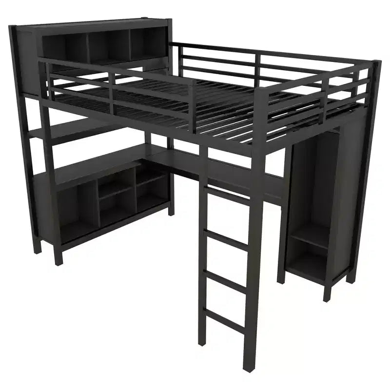 Letto a soppalco Okak matrimoniale/queen size con armadio e scrivania a L, letti a castello in metallo robusto con contenitore, letti a soppalco alti per adolescenti e adulti