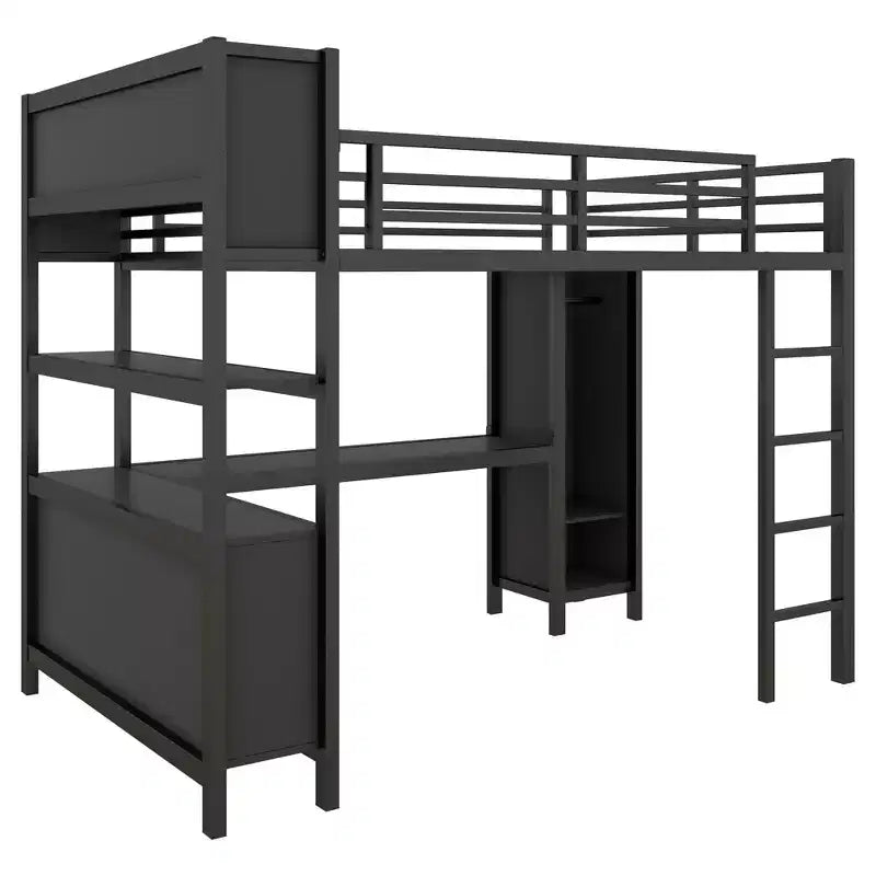 Letto a soppalco Okak matrimoniale/queen size con armadio e scrivania a L, letti a castello in metallo robusto con contenitore, letti a soppalco alti per adolescenti e adulti