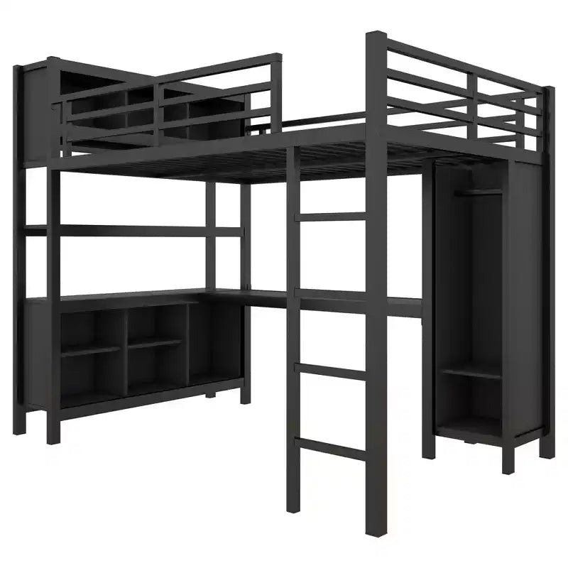 Letto a soppalco Okak matrimoniale/queen size con armadio e scrivania a L, letti a castello in metallo robusto con contenitore, letti a soppalco alti per adolescenti e adulti