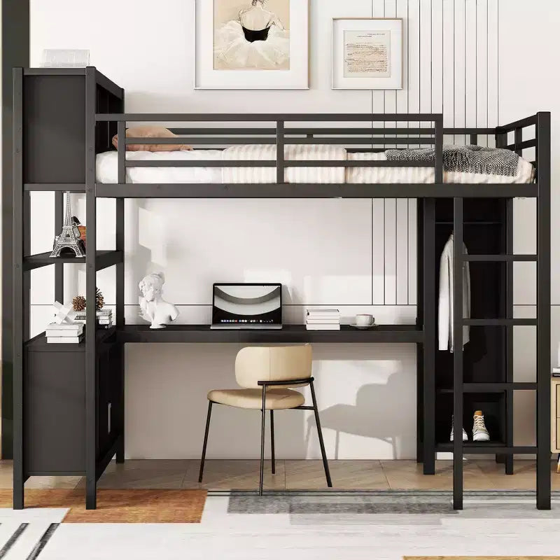 Letto a soppalco Okak matrimoniale/queen size con armadio e scrivania a L, letti a castello in metallo robusto con contenitore, letti a soppalco alti per adolescenti e adulti