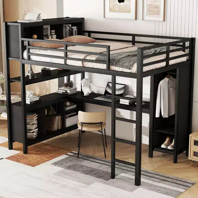 Letto a soppalco Okak matrimoniale/queen size con armadio e scrivania a L, letti a castello in metallo robusto con contenitore, letti a soppalco alti per adolescenti e adulti