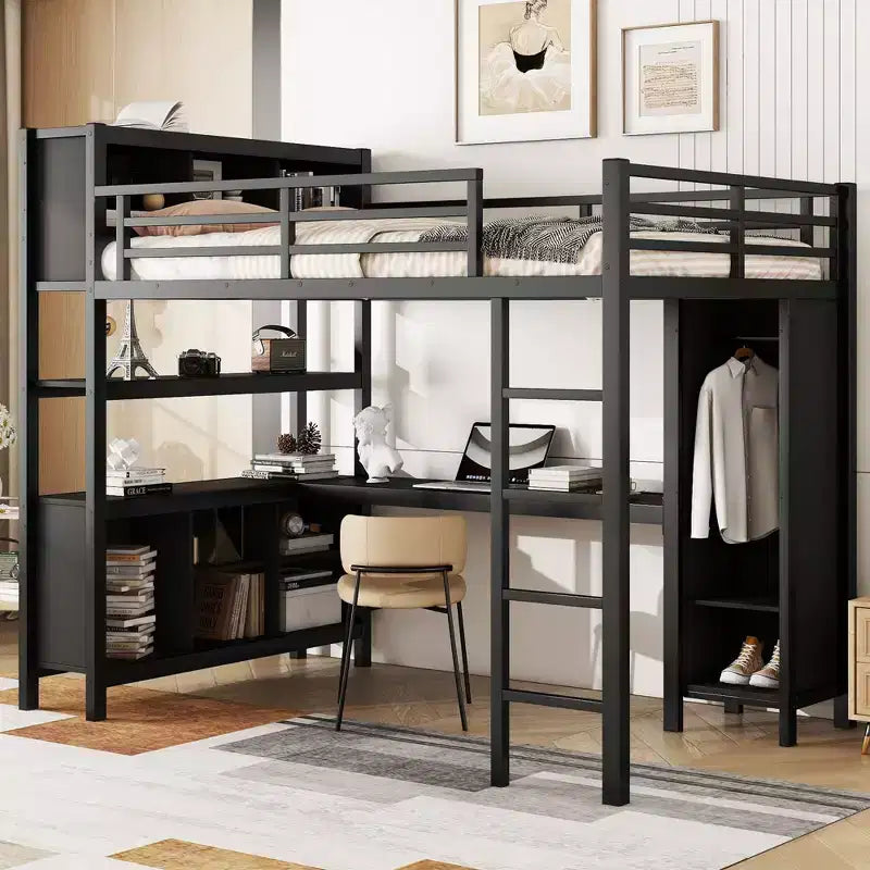 Letto a soppalco Okak matrimoniale/queen size con armadio e scrivania a L, letti a castello in metallo robusto con contenitore, letti a soppalco alti per adolescenti e adulti