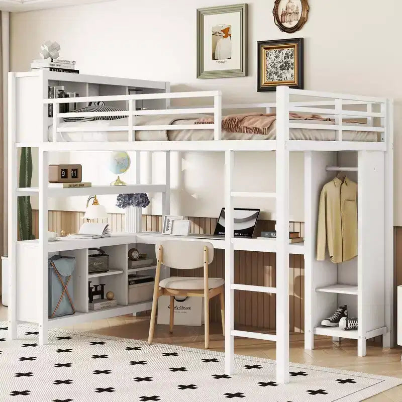 Okak Full/Queen Size Loft Bed with Wardrobe & L-Shaped Desk,Heavy Duty Metal Bunk Beds with Storage,High Loft Beds for Teens & Adults