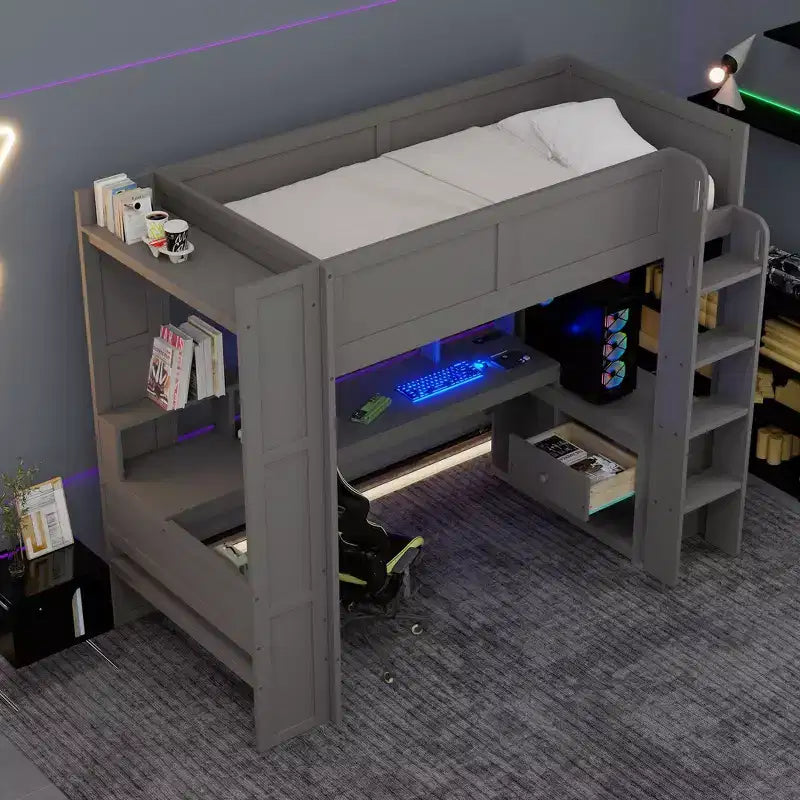 Letto a soppalco in legno Okak Full/Twin Size con scrivania e ripiani multi-contenitore, letto a castello con LED, stazione di ricarica, letti a soppalco multifunzionali per bambini, ragazzi