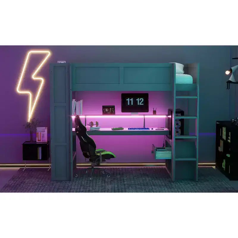 Letto a soppalco in legno Okak Full/Twin Size con scrivania e ripiani multi-contenitore, letto a castello con LED, stazione di ricarica, letti a soppalco multifunzionali per bambini, ragazzi