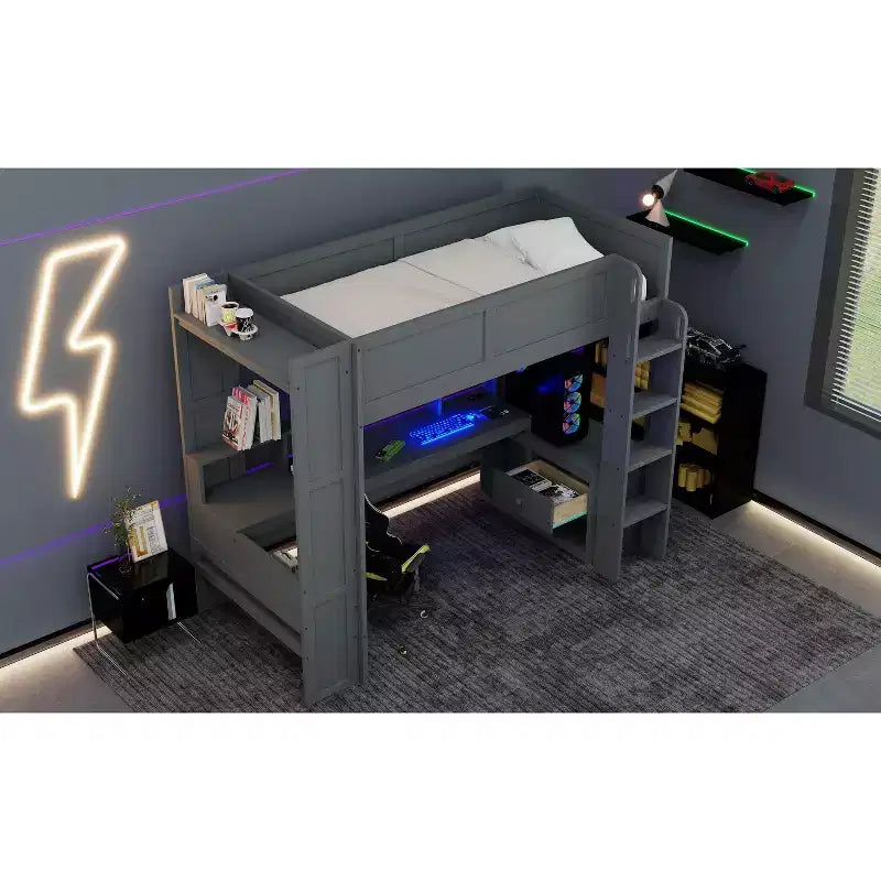 Letto a soppalco in legno Okak Full/Twin Size con scrivania e ripiani multi-contenitore, letto a castello con LED, stazione di ricarica, letti a soppalco multifunzionali per bambini, ragazzi