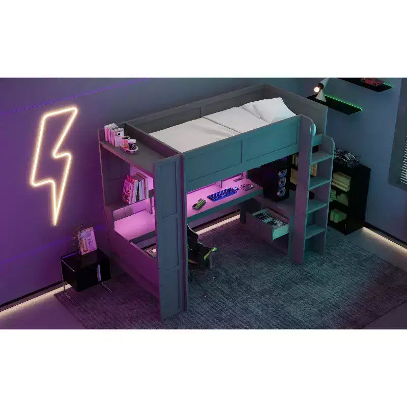 Letto a soppalco in legno Okak Full/Twin Size con scrivania e ripiani multi-contenitore, letto a castello con LED, stazione di ricarica, letti a soppalco multifunzionali per bambini, ragazzi