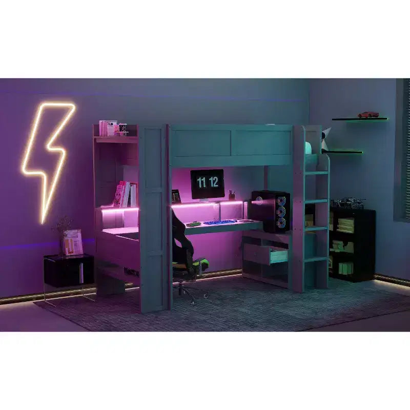 Letto a soppalco in legno Okak Full/Twin Size con scrivania e ripiani multi-contenitore, letto a castello con LED, stazione di ricarica, letti a soppalco multifunzionali per bambini, ragazzi