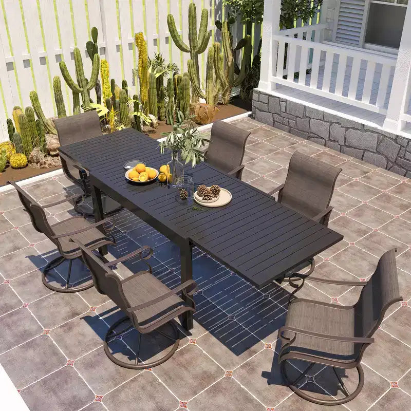 CLIHOME Set da pranzo da esterno allungabile 7 pezzi, con tavolo telescopico e sedie da patio girevoli a 360°
