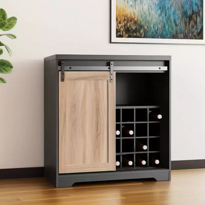 Mobile Bar HomeRoots 32 con Anta a Scorrimento "Barn Door" Grigio Antracite e Legno Naturale