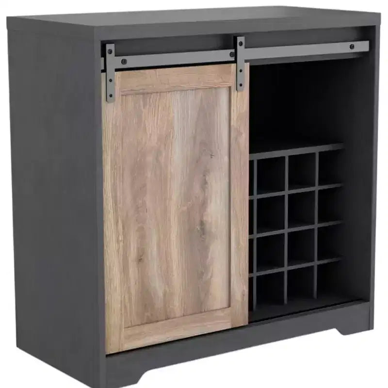 Mobile Bar HomeRoots 32 con Anta a Scorrimento "Barn Door" Grigio Antracite e Legno Naturale