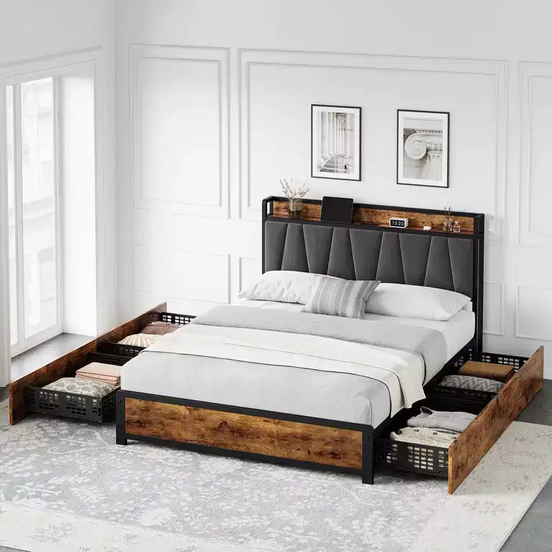 Letto con Contenitore, Testiera Imbottita in Lino, Letto a Piattaforma con 4 Cassetti e Stazione di Ricarica, Marrone Vintage