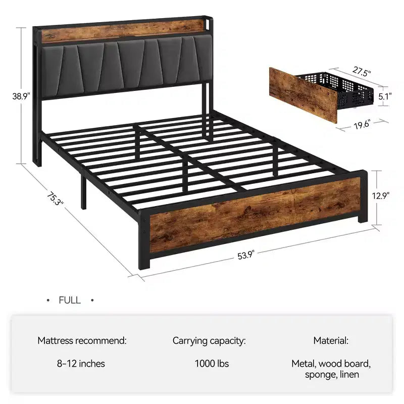 Letto con Contenitore, Testiera Imbottita in Lino, Letto a Piattaforma con 4 Cassetti e Stazione di Ricarica, Marrone Vintage