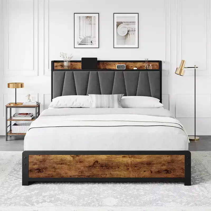 Letto con Contenitore, Testiera Imbottita in Lino, Letto a Piattaforma con 4 Cassetti e Stazione di Ricarica, Marrone Vintage