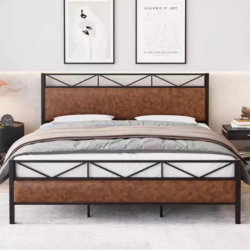 Struttura letto con testiera, base letto imbottita industriale King size con 14 robuste doghe in metallo, spazio contenitore sotto il letto di 28 cm, marrone