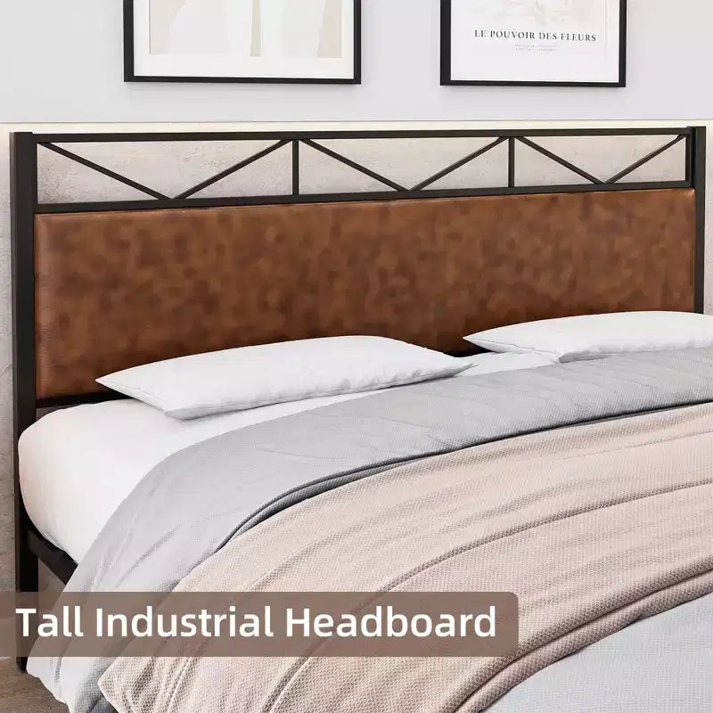 Struttura letto con testiera, base letto imbottita industriale King size con 14 robuste doghe in metallo, spazio contenitore sotto il letto di 28 cm, marrone