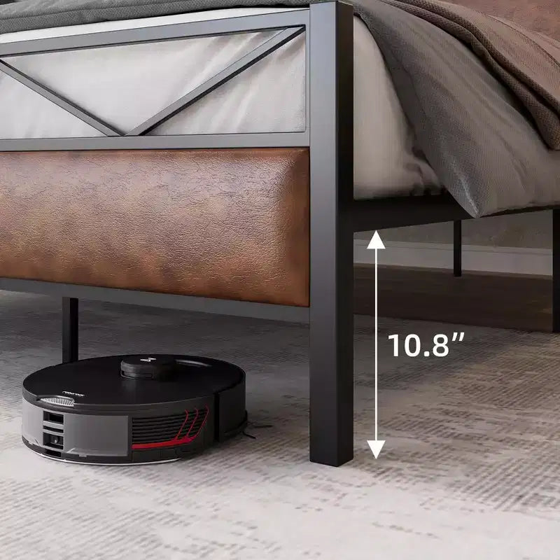 Struttura letto con testiera, base letto imbottita industriale King size con 14 robuste doghe in metallo, spazio contenitore sotto il letto di 28 cm, marrone