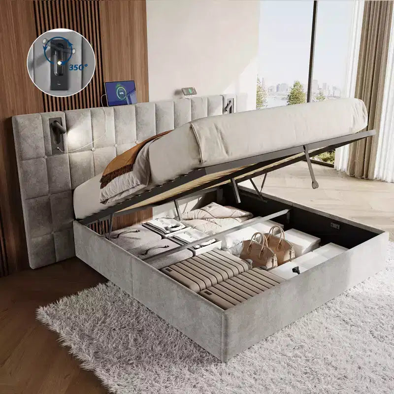 AMERLIFE Letto Imbottito con Testiera Allargata, Letto Contenitore Sollevabile e Luce Integrata, Velluto