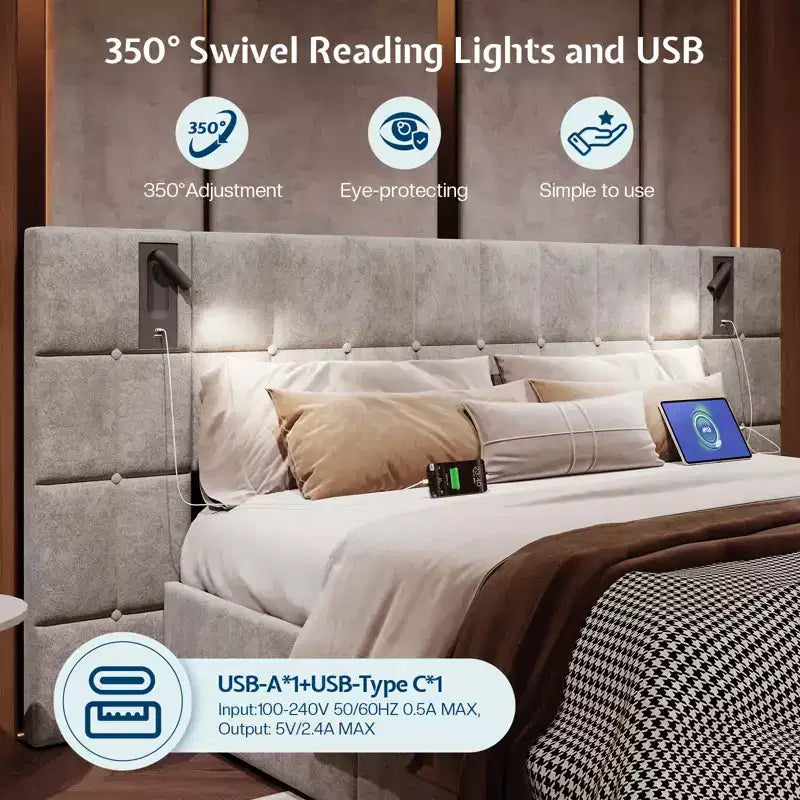 AMERLIFE Letto Imbottito con Testiera Allargata, Letto Contenitore Sollevabile e Luce Integrata, Velluto