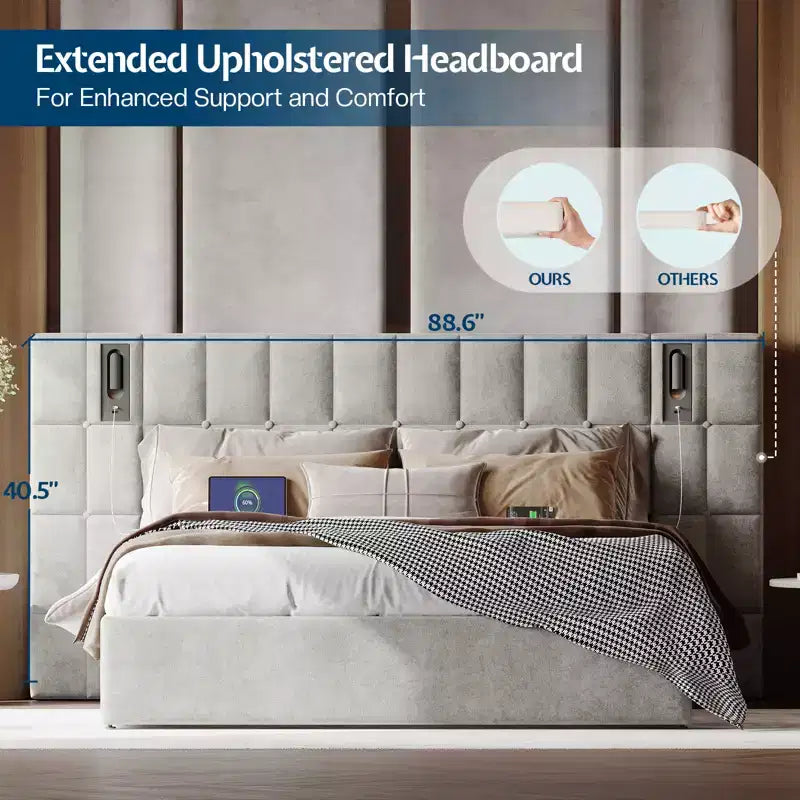 AMERLIFE Letto Imbottito con Testiera Allargata, Letto Contenitore Sollevabile e Luce Integrata, Velluto