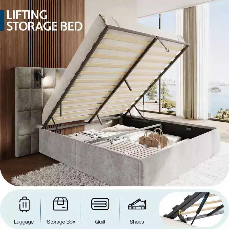 AMERLIFE Letto Imbottito con Testiera Allargata, Letto Contenitore Sollevabile e Luce Integrata, Velluto