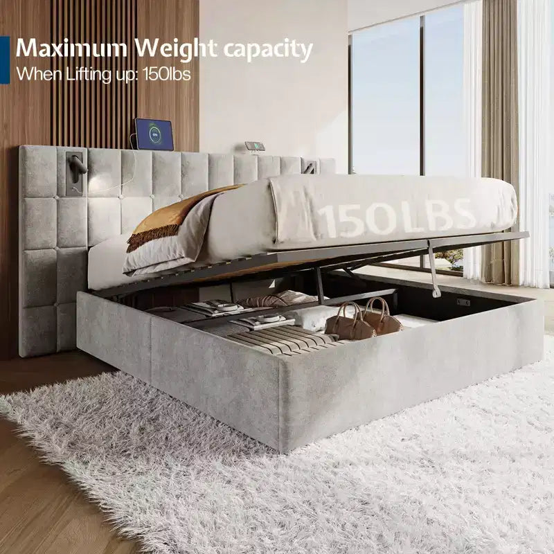 AMERLIFE Letto Imbottito con Testiera Allargata, Letto Contenitore Sollevabile e Luce Integrata, Velluto