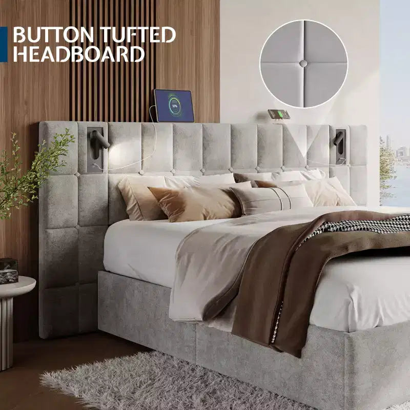 AMERLIFE Letto Imbottito con Testiera Allargata, Letto Contenitore Sollevabile e Luce Integrata, Velluto