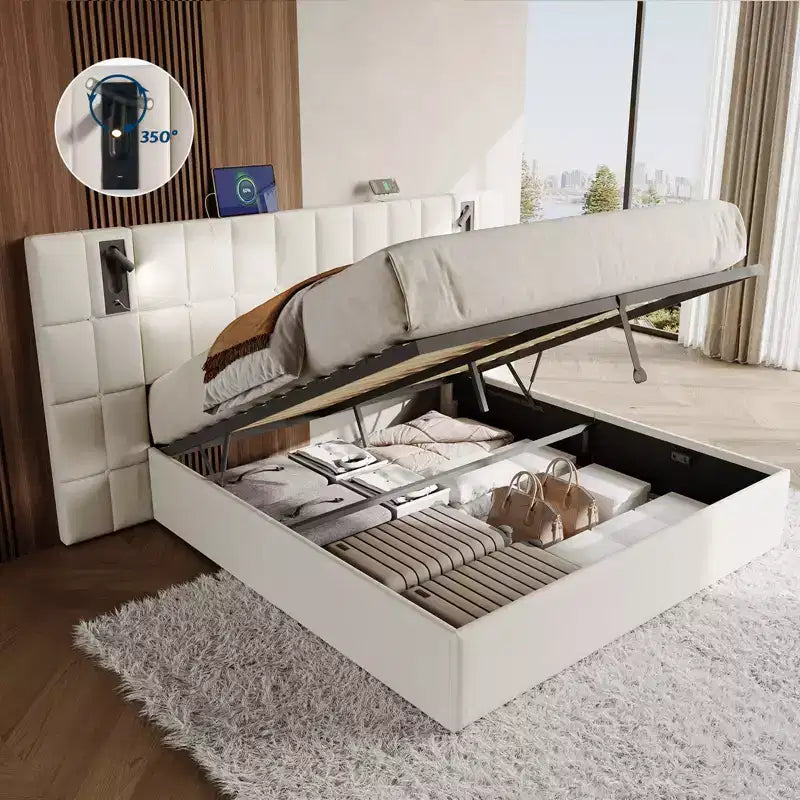 AMERLIFE Letto Imbottito con Testiera Allargata, Letto Contenitore Sollevabile e Luce Integrata, Velluto